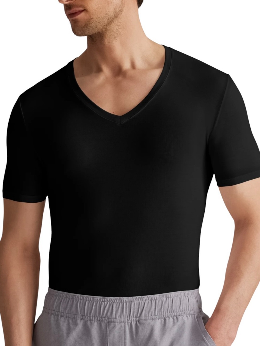 Tommy John Men's Second Skin Deep V-Neck Stay-Tucked Undershirt Black XL